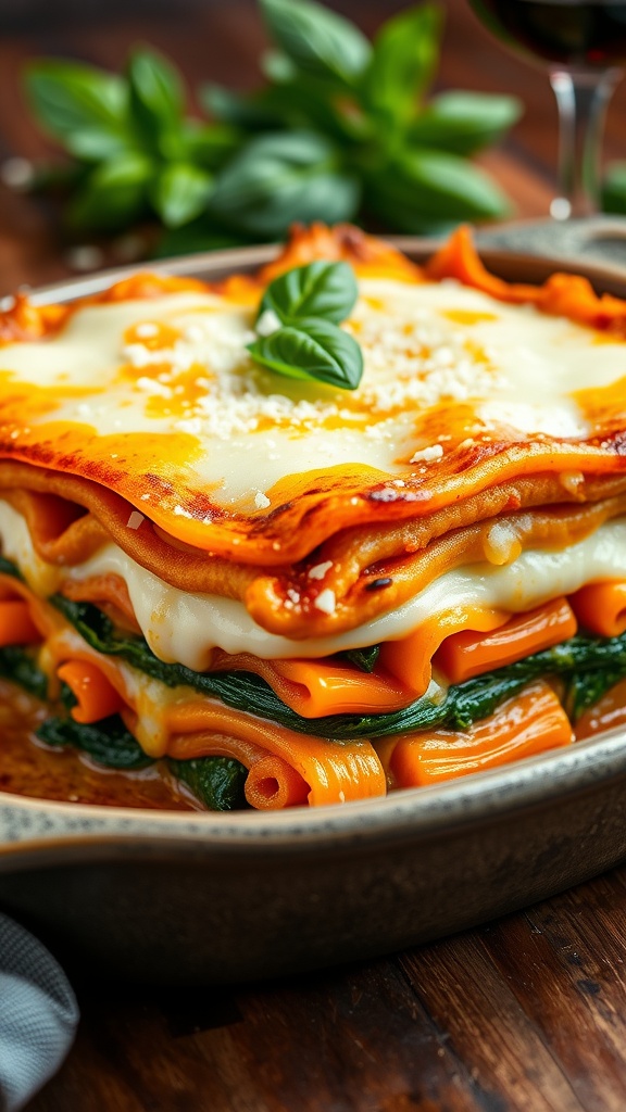 Three-cheese butternut squash and spinach lasagna served in a rustic dish, garnished with basil, alongside a glass of wine.